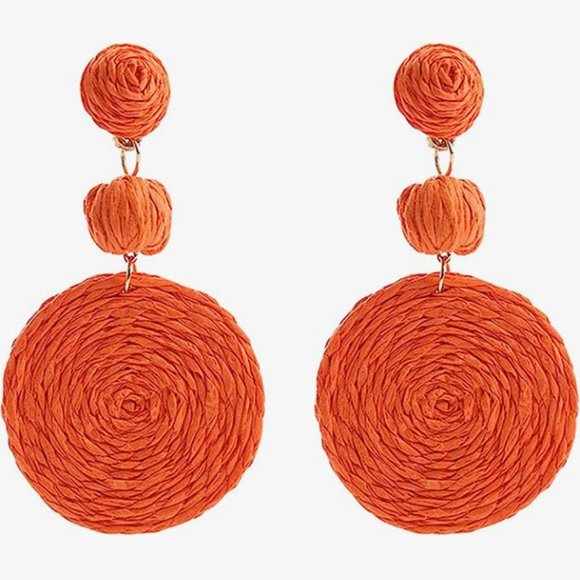 Big Orange Rattan Earrings Wicker Bold Statement Raffia Dangle 80s 90s Retro New - Picture 1 of 4